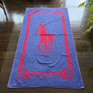 Ralph Lauren Vintage Polo Pony Blue & Red Equestrian Beach Towel - Made in USA